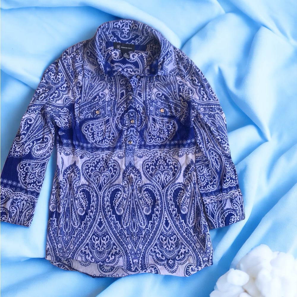 I.N.C blue and white sheer top